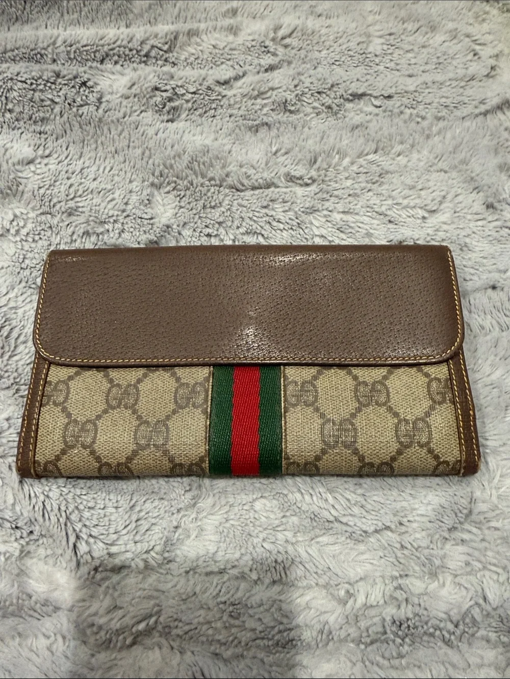 Gucci Beige GG Canvas Continental Wallet with Green Red Web and Brown Trim